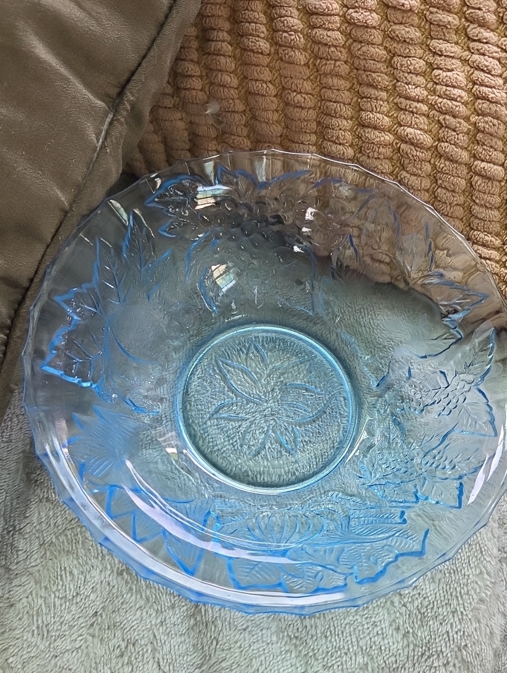 Vintage KIG Indonesia Ice Blue Glass Salad Bowl w/Embossed Fruit